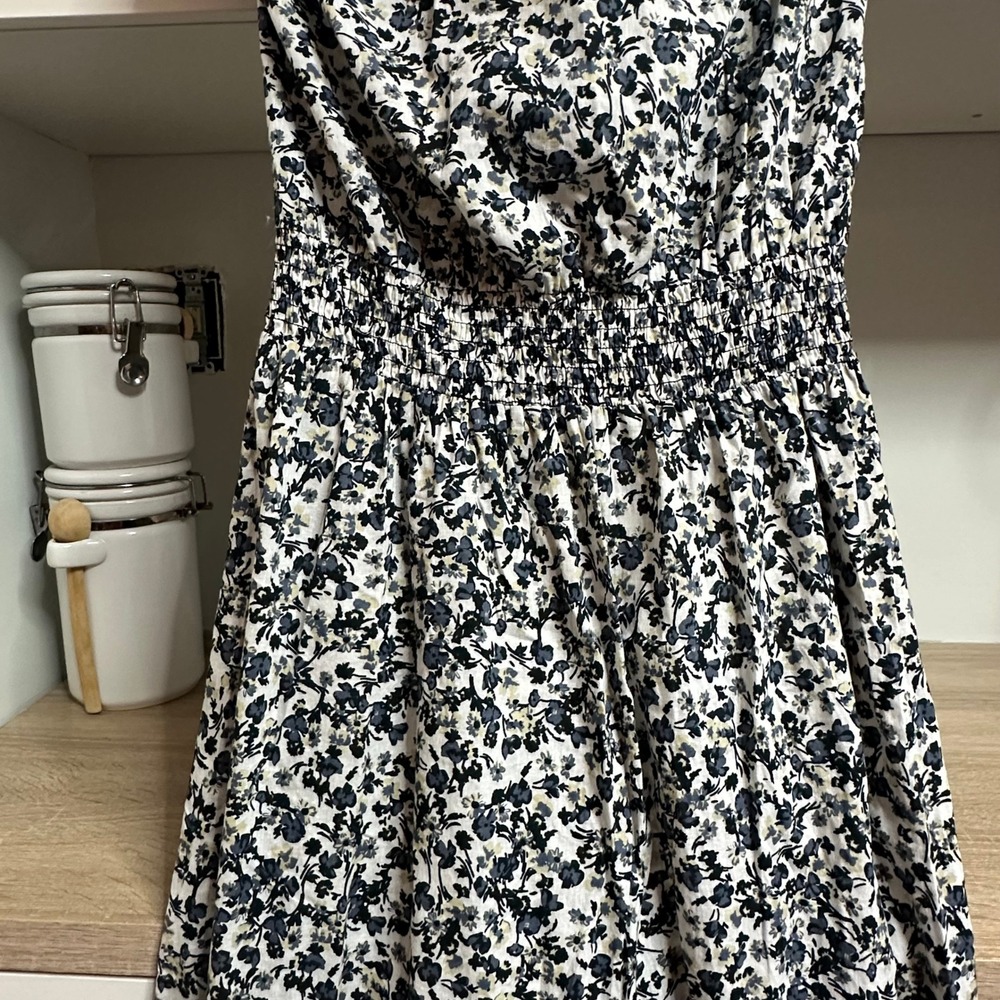 Cottagecore Strapless Maxi Dress Womens M Navy Floral Ruffle Smocked Romantic - Picture 5 of 12